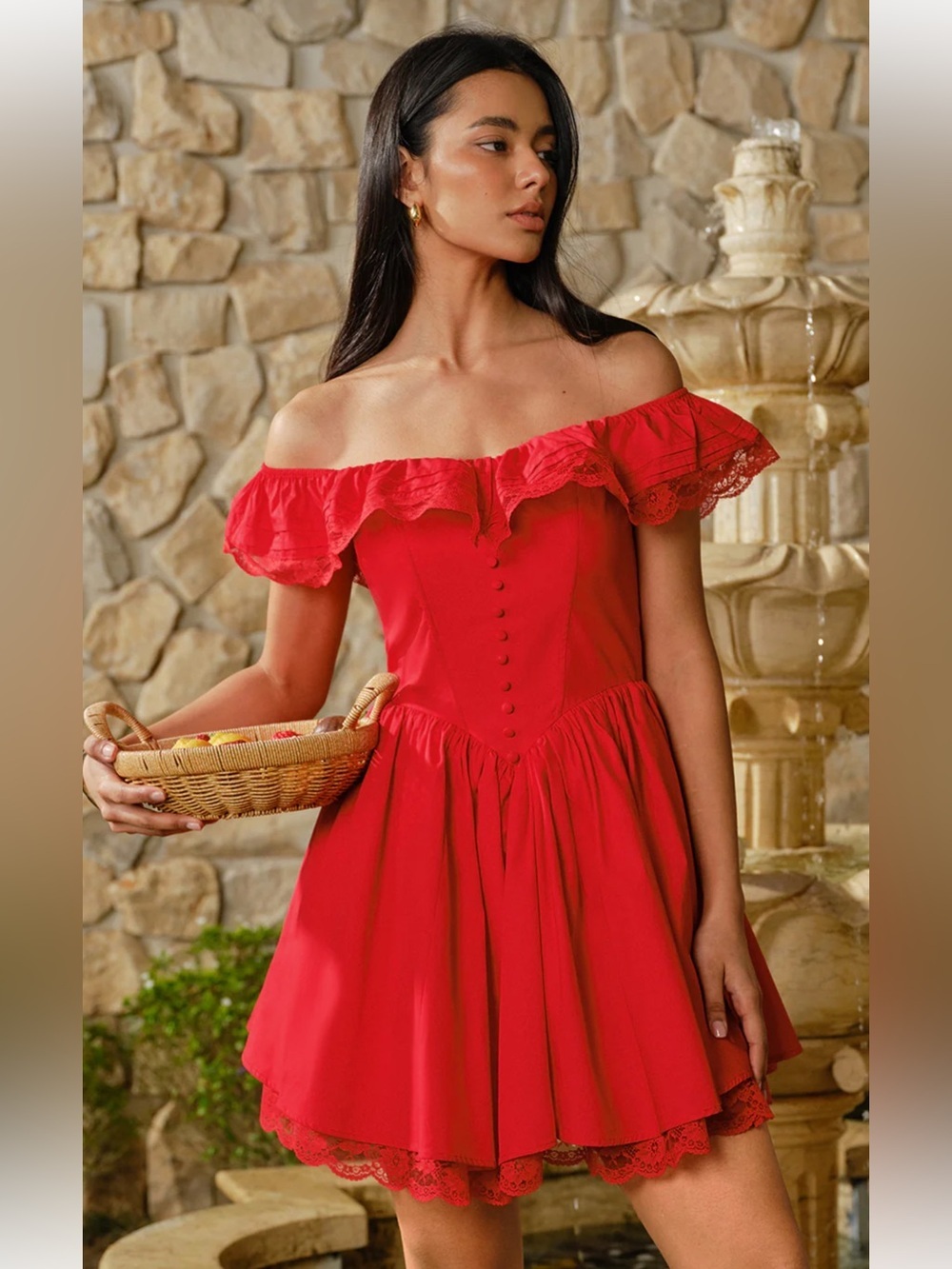 Commense Cotton Off-Shoulder Lace-Trim Dress in Red Size S